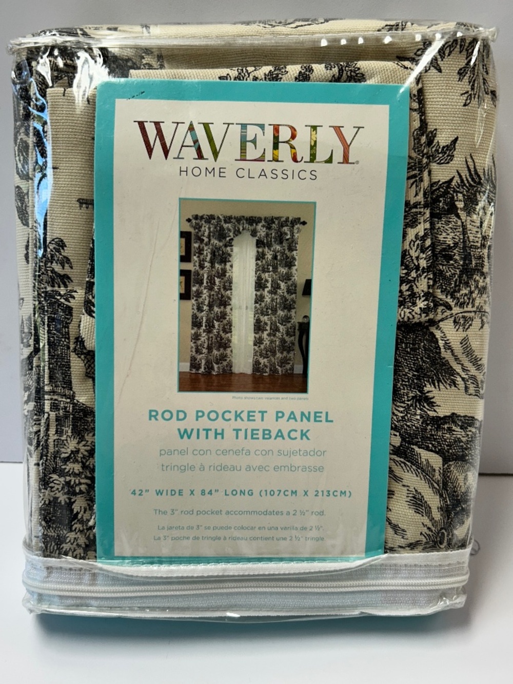 Waverly Country Life Black Toile w/Tie Back Single Curtain Panel 42" x 84" New